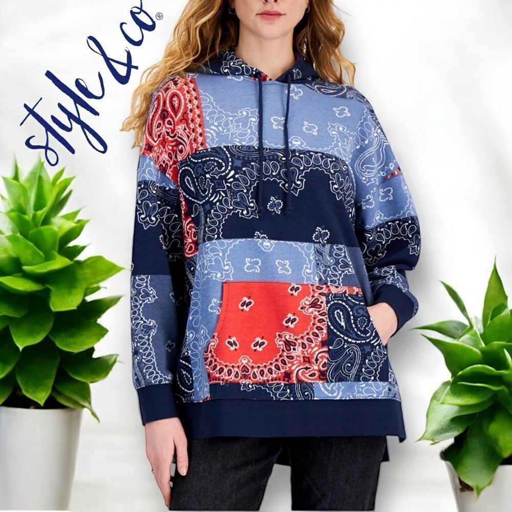 STYLE & CO. Women’s Bandana Patch Oversized Hoodie in the Size X-Large